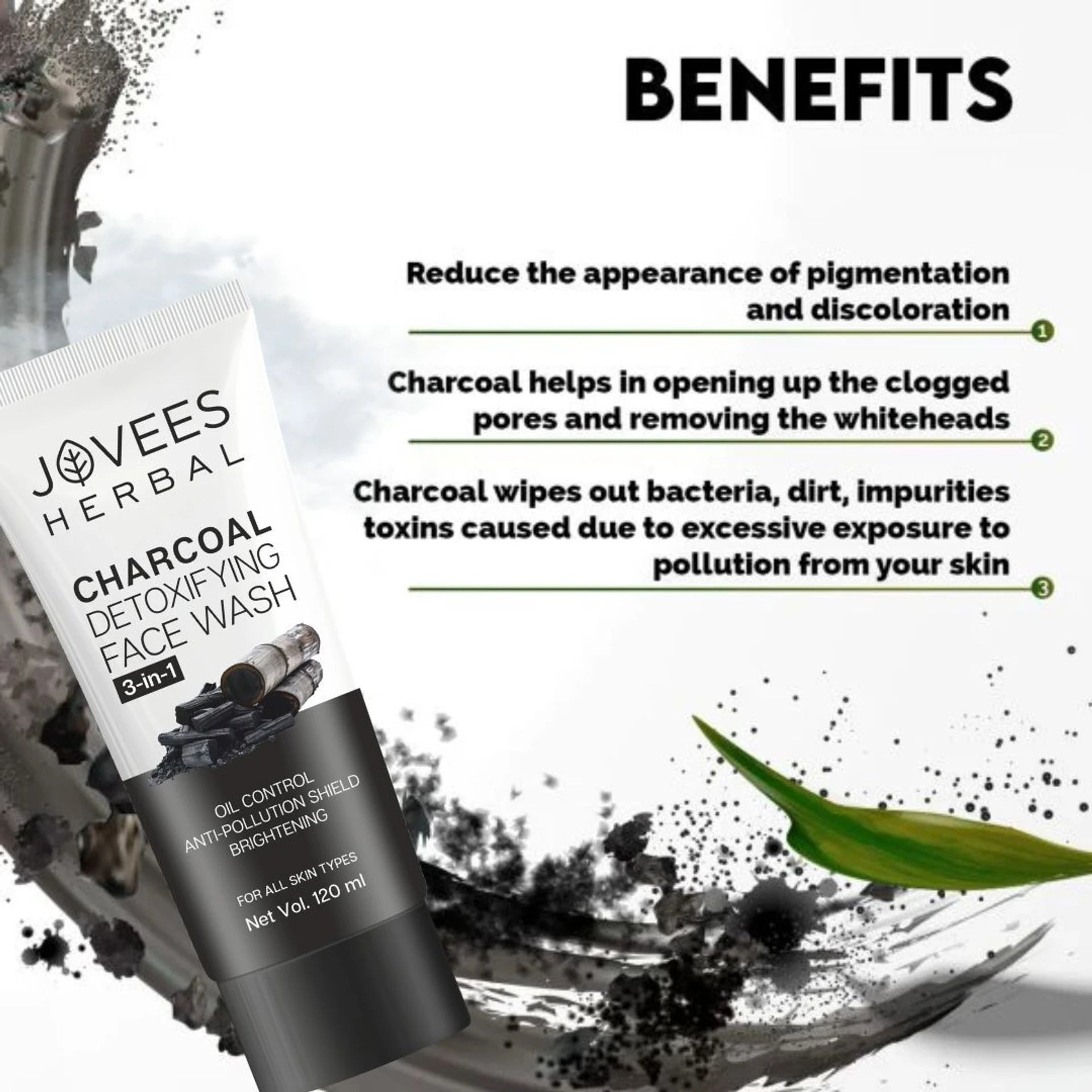 Jovees Herbal Activated Charcoal Detoxifying Face Wash For Deep Pore Cleansing, Oil Control, Removes Dirt & Impurities For All Skin Types 100ml