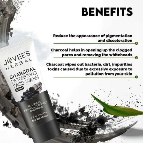 Jovees Herbal Activated Charcoal Detoxifying Face Wash For Deep Pore Cleansing, Oil Control, Removes Dirt & Impurities For All Skin Types 100ml