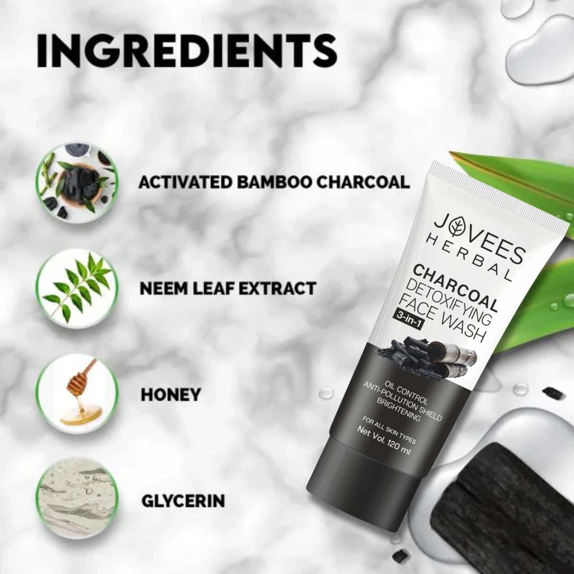 Jovees Herbal Activated Charcoal Detoxifying Face Wash For Deep Pore Cleansing, Oil Control, Removes Dirt & Impurities For All Skin Types 100ml