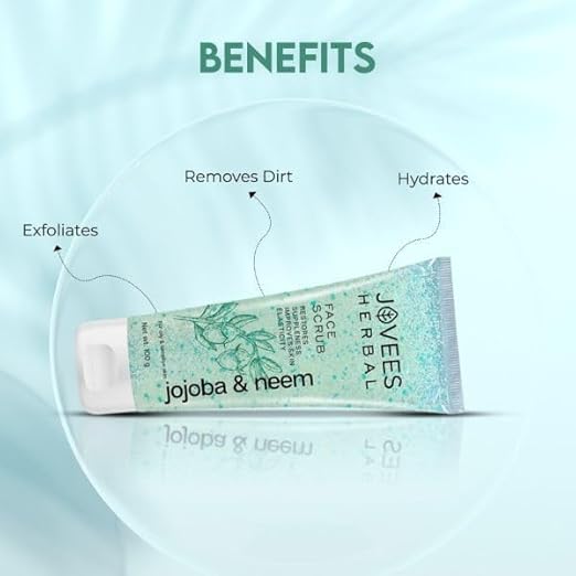 Jovees Herbal Jojoba & Neem Face Scrub | With Neem & Wheatgerm Extract | For Oily to Sensitive Skin | Gently Removes Dead Skin | Reduces Signs Of Premature Ageing 100 G
