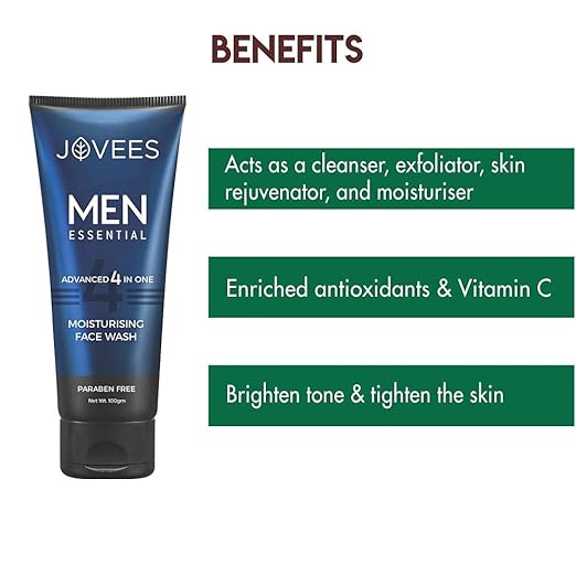 Jovees Herbal Men's Essential Advanced 4 in 1 Moisturizing Face Wash |with Vit C and Vit E | Gives Clean and Clear Skin |For All Skin Types 100g