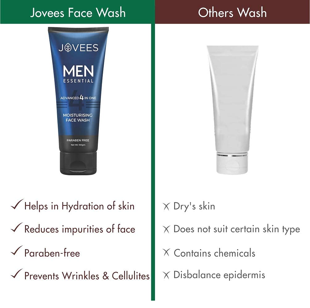 Jovees Herbal Men's Essential Advanced 4 in 1 Moisturizing Face Wash |with Vit C and Vit E | Gives Clean and Clear Skin |For All Skin Types 100g