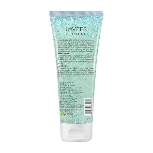 Jovees Herbal Jojoba & Neem Face Scrub | With Neem & Wheatgerm Extract | For Oily to Sensitive Skin | Gently Removes Dead Skin | Reduces Signs Of Premature Ageing 100 G