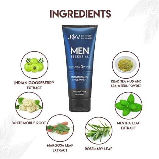 Jovees Herbal Men's Essential Advanced 4 in 1 Moisturizing Face Wash |with Vit C and Vit E | Gives Clean and Clear Skin |For All Skin Types 100g