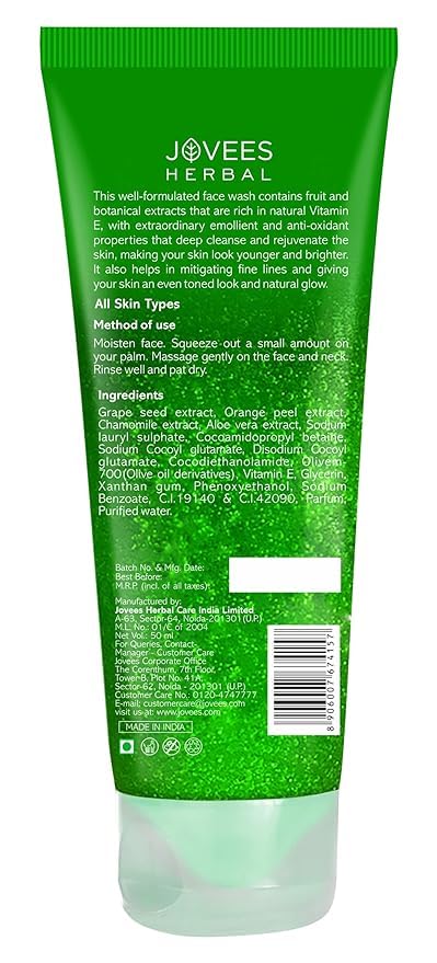 Jovees Herbal Grape Face Wash With Grape Seed & Orange Peel Extracts | For Brighter & Glowing Skin | Reduces Uneven Skin Tone & Fine Lines | For All Skin Types 50ML