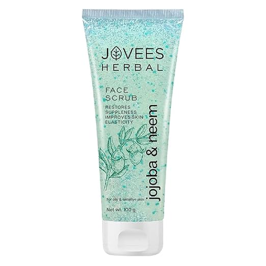 Jovees Herbal Jojoba & Neem Face Scrub | With Neem & Wheatgerm Extract | For Oily to Sensitive Skin | Gently Removes Dead Skin | Reduces Signs Of Premature Ageing 100 G