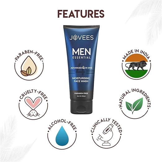 Jovees Herbal Men's Essential Advanced 4 in 1 Moisturizing Face Wash |with Vit C and Vit E | Gives Clean and Clear Skin |For All Skin Types 100g