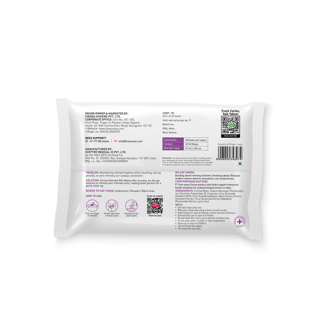 Sirona Intimate Wet Wipes 10's